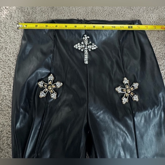 Fashion Nova Faux Leather Rhinestone Crop Top & Flare Pants Set | Black | M - Picture 11 of 15